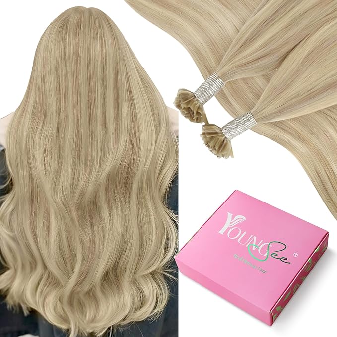 YoungSee U Tip Hair Extensions Human Hair Blonde Utip Hair Extensions Highlight Ash Blonde with Bleach Blond Keratin Hair Extension Real Human Hair Highlight K Tips Hair Extension 24In 1G/S 50G