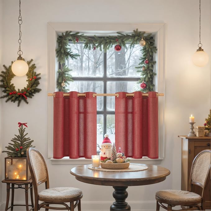 YoungsTex Burgundy Red Linen Curtains 36 Inch Length, Short Light Filtering - Image 2