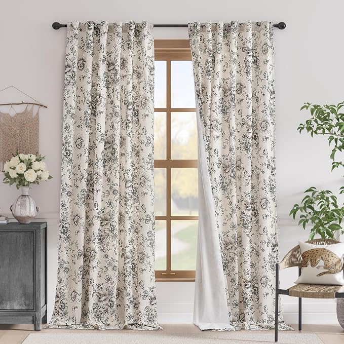 jinchan Floral Linen Blackout Curtains Lined 102 Inch Back Tab 2 Panels | by JINCHAN