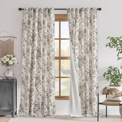 jinchan Floral Linen Blackout Curtains Lined 102 Inch Back Tab 2 Panels | by JINCHAN