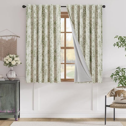 jinchan Green Floral Linen Blackout Curtains 63 Inch Back Tab 2 Panels | by JINCHAN