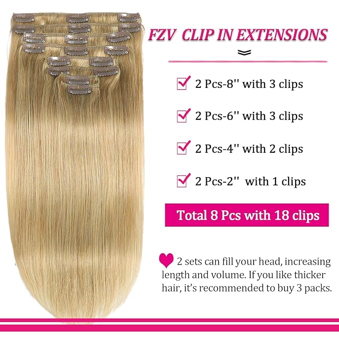Clip in Hair Extensions Real Human Hair Blonde Kinky Clip in Extensions 8pcs 110g Double Weft Hair Extensions Straight Human Hair Thick End Extensions Human Hair (16inch #613）