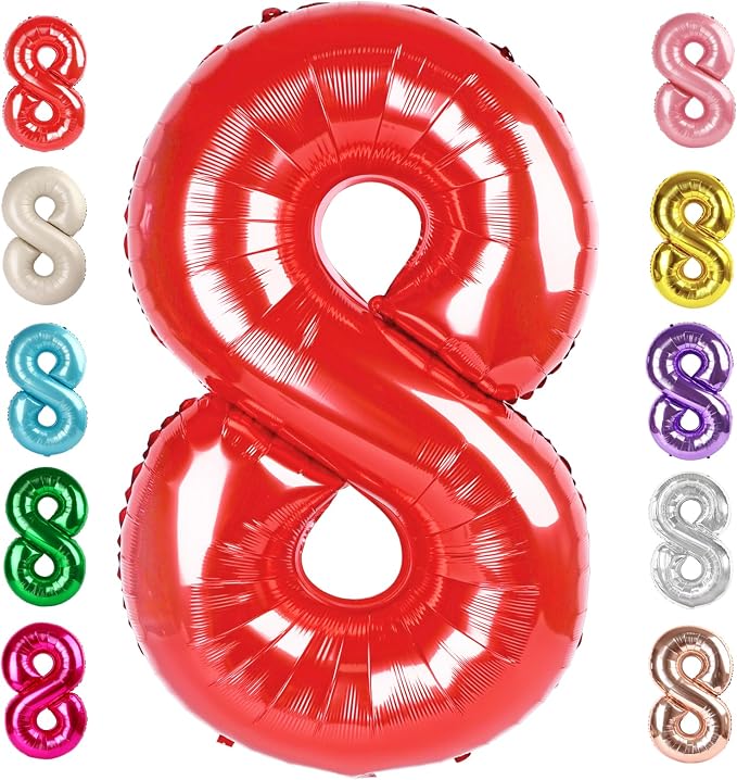 8 Balloon Numbers Birthday Decorations, 40In Red Balloons by Mluchee