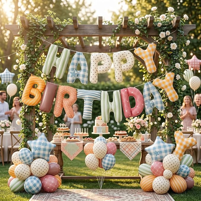 Colorful Happy Birthday Banner Foil Letter Balloon, 14 Inch 3D Plaid, Polka Dots - Image 4