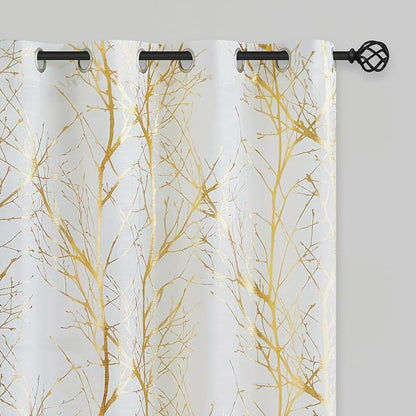 FMFUNCTEX Linen Gold White Semi Sheer Print Curtains 54 Inch Long 2 Panels | by Fmfunctex