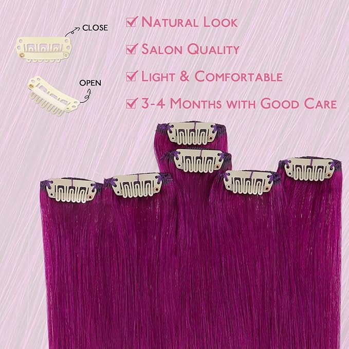WENNALIFE Violet Clip in Hair Extensions Real Human Hair 35g 6pcs 20 Inch Colored Hair Extensions for Kids Women Colorful Hair Pieces Pop-up Style Straight Extensiones De Cabello Humano Con Clip