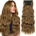 KooKaStyle Clip in Synthetic Hair Extensions Long Wavy 4PCS Thick Hairpieces Brown with Multi - Tone Highlights Fiber Double Weft Natural 24 Inch for Women