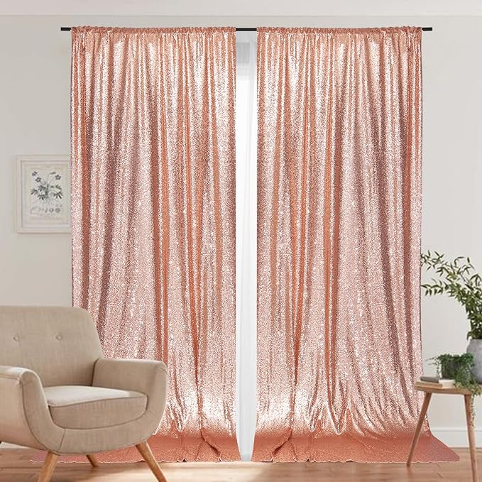 PartyDelight Rose Gold Sequin Backdrop Curtains 5x10ft 2 Panels | Sparkly 3mm - Image 3
