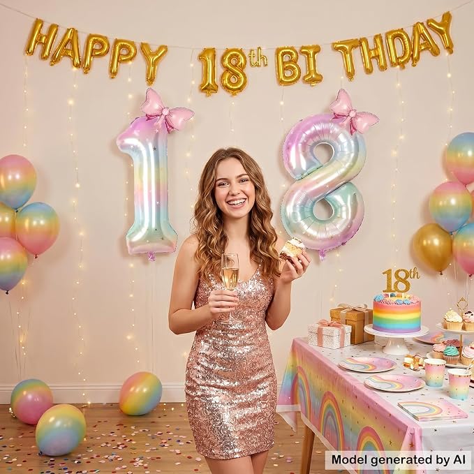 40" Giant Pastel Rainbow Number 18 Balloon Foil Pink Bow Decor Kit | - Image 4