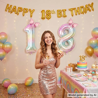 40" Giant Pastel Rainbow Number 18 Balloon Foil Pink Bow Decor Kit | - Image 4