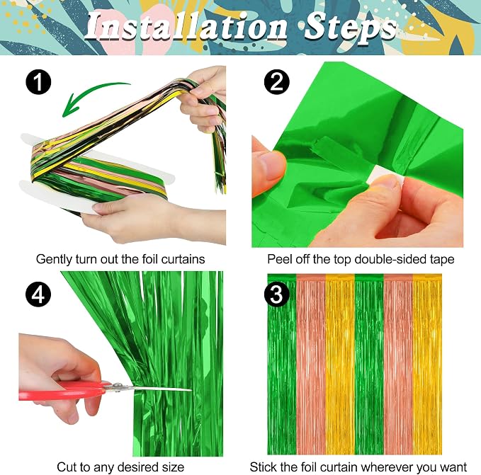 ZATAYE 8 Pack Green Brown Yellow Hawaiian Luau Foil Curtain Decorations | Green - Image 3