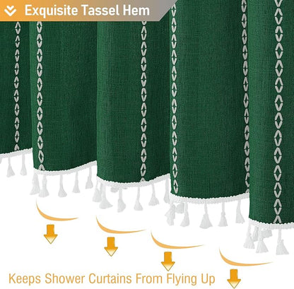 Emerald Green Boho Farmhouse Linen Heavy Duty Shower Curtain, 72x72 | 330GSM - Image 5