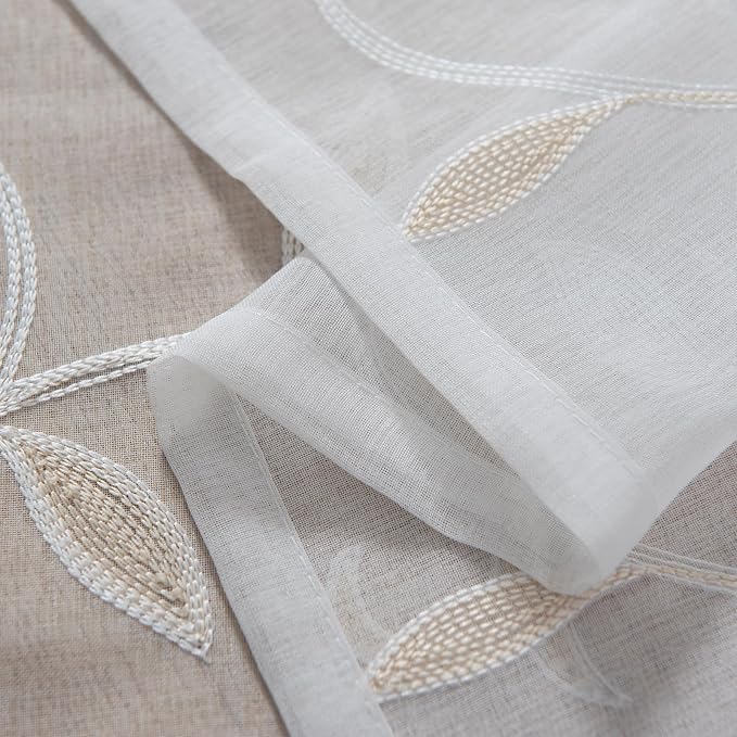 Kitchen Sheer Cafe Curtains Embroidered Leaves Beige 54Wx16L | Light Filtering - Image 7