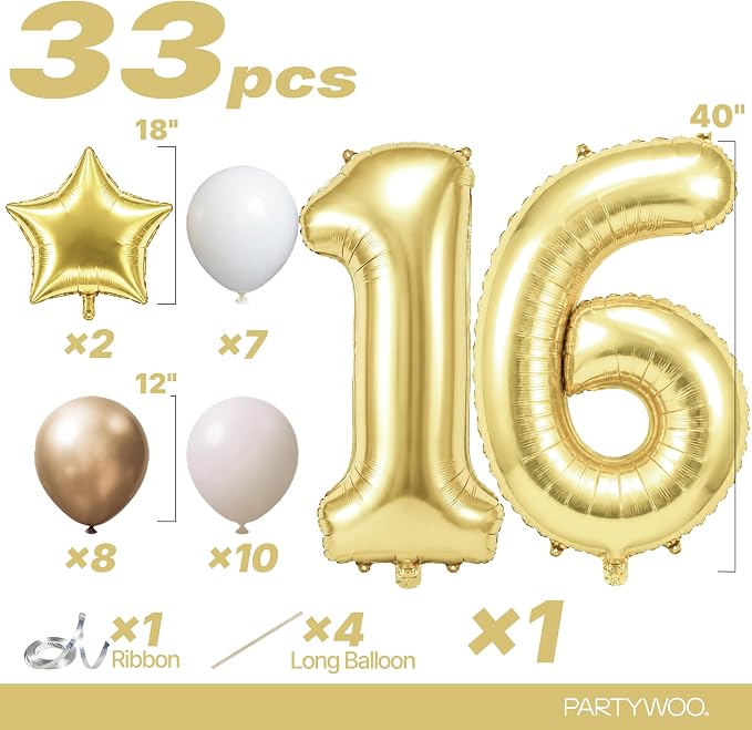PartyWoo Number Balloons 40 Inch Gold Number 16 Kit 33pcs - Image 2