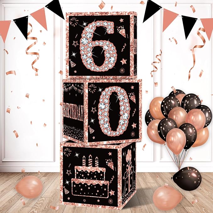 Eiurteao 3pcs Rose Gold 60th Birthday Decorations Boxes by Eiurteao