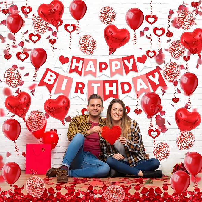FECEDY Red Happy Birthday Banner Heart-Shaped Aluminum Foil Balloon Round Latex - Image 6
