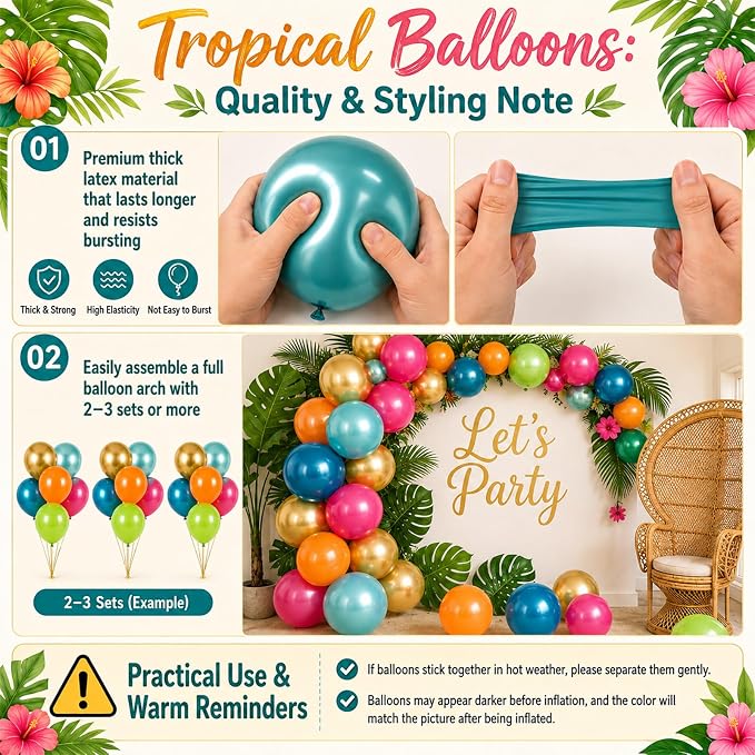 Tropical Balloons, 12 Inch Summer Hawaiian Balloons, Hot Pink Orange Teal Blue - Image 7