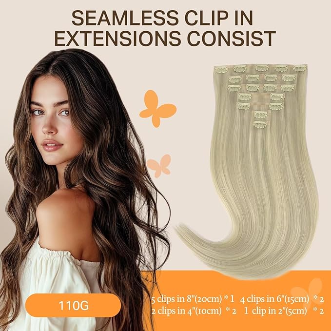 DOORES Clip in Hair Extensions - Real Human Hair, Ash Blonde Highlighted Platinum Blonde, 110g 7pcs 16 Inch, Invisi Edge Seamless Straight Natural Extensions