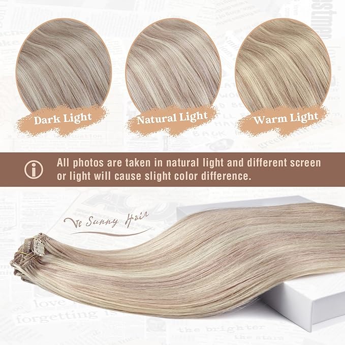 Ve Sunny Real Hair Extensions Clip in Human Hair Ash Blonde Highlight Bleach Blonde Remy Human Hair Clip in Extensions Straight 16inch 120g 7pcs