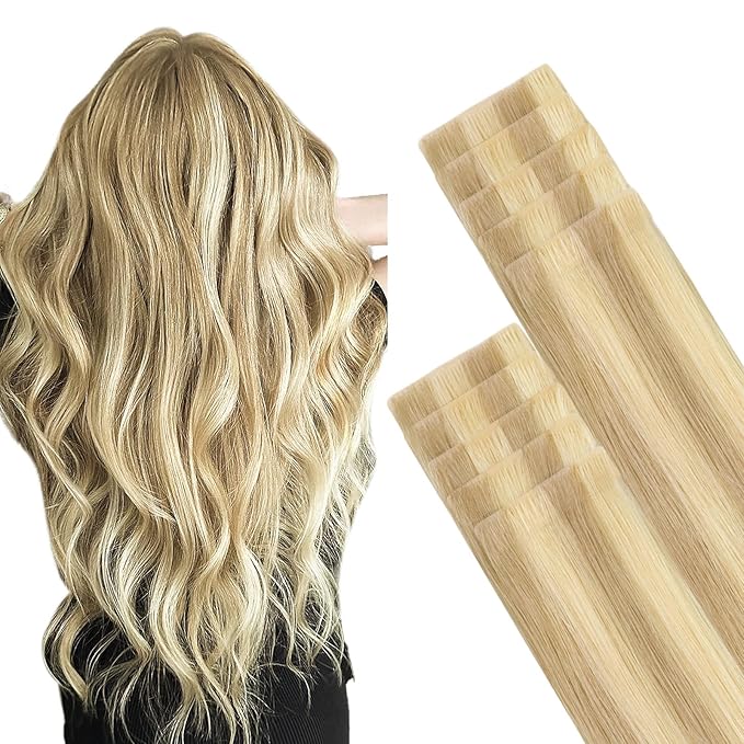 GOO GOO Invisi Edge Tape in Hair Extensions Human Hair, 18D/22F Dirty Blonde Highlights, 10pcs 14inch 25g, Virgin Remy Hair, Seamless Injected Tape, Natural Look