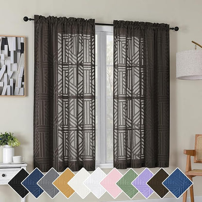 Simplebrand Chocolate Semi Sheer Curtains 45 Inch Length 2 Panels, Geometric by Simplebrand