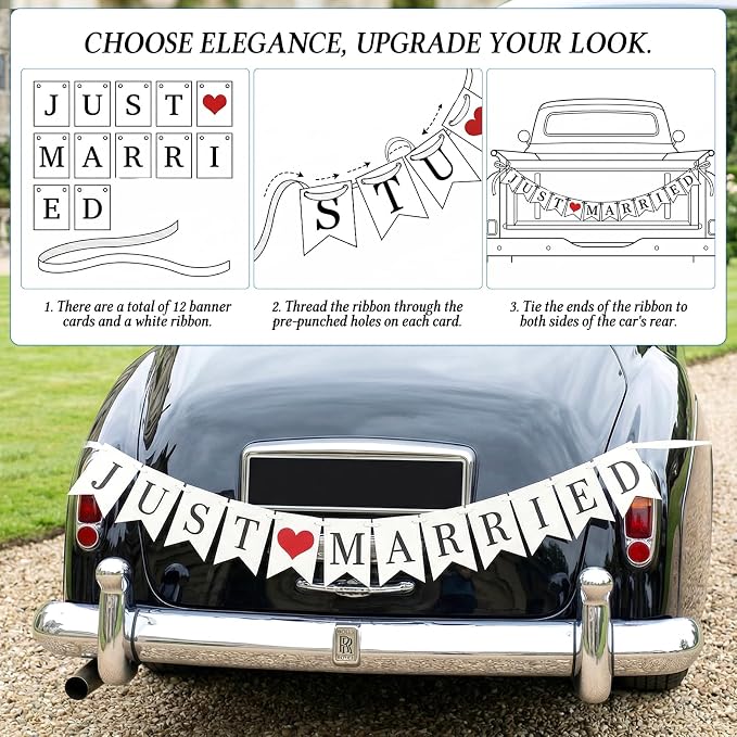 Vintage Just Married Banner Wedding Bunting Photo Booth Props Signs Garland - Image 3