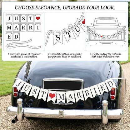 Vintage Just Married Banner Wedding Bunting Photo Booth Props Signs Garland - Image 3