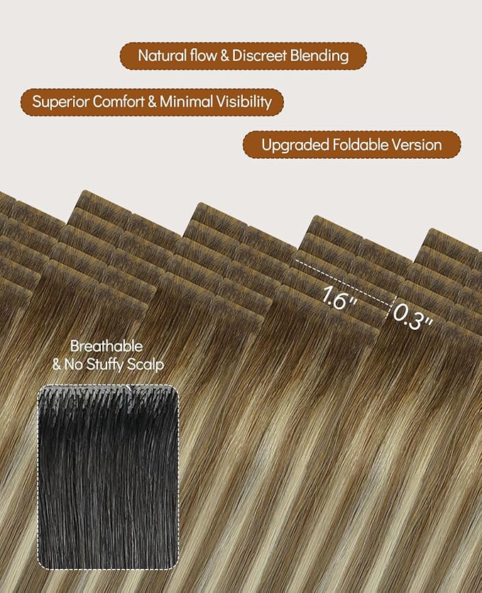 VINBAO Invisi Edge Tape in Hair Extensions Human Hair Balayage Ombre Darker Brown to Ash Brown with Blonde 50g 20pcs Injection Tape in Extensions 18inch #3/8/22