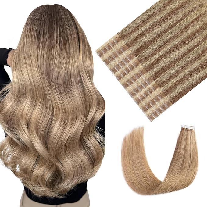 Youngsmile Invisible Tape in Hair Extensions Human Hair Balayage #10/27/27 Golden Brown to Caramel Blonde 20pcs 35g 16 Inch Injection Tape in Hair Extensions Human Hair (#10/27/27,16'')