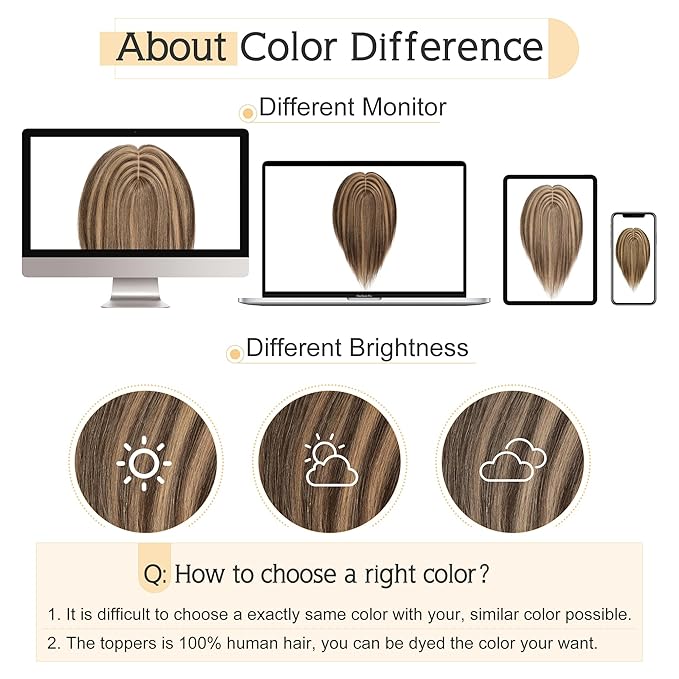 SEGO Human Hair Toppers for Women With Thinning Hair, 7 * 13CM Silk Base 100% Real Human Hair Clip in Top Wiglet Hairpieces /8 Inch No Bangs Medium Brown&Dark Blonde