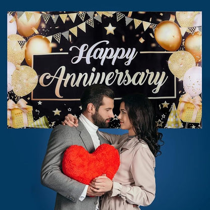 Happy Anniversary Backdrop Banner, 6ft x 3.6ft Black Gold Anniversary Party - Image 4