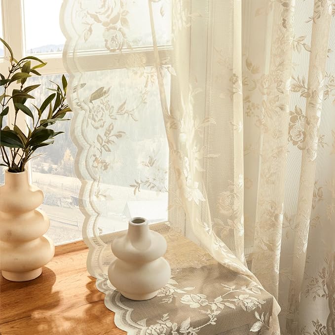 SEEKRIGHT Beige Lace Curtains 90 Inches Long Victorian Floral Sheer Curtains - Image 3