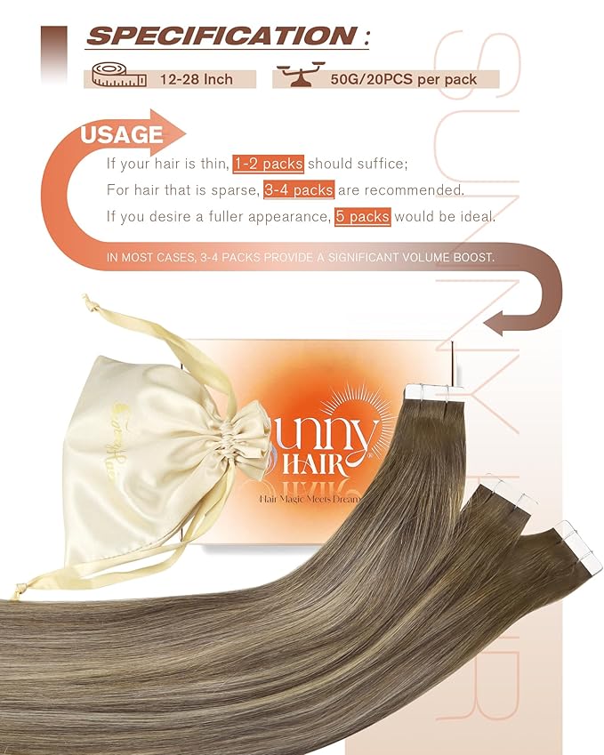 Sunny Hair Tape in Hair Extensions Human Hair 16 Inch Hair Extensions Real Human Hair Tape in Extensions for Women Cool Brown to Light Brown Balayage Blonde Invisible Remy Hair Skin Weft 20Pcs 50g