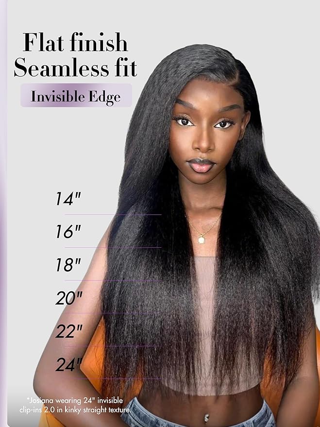 LUVME Invisible Clip in Hair Extensions, Kinky Straight Real Human Hair Remy Hair Clip ins for Women, Natural Human Hair, 16 inch 110g 7Pcs, Natural Black