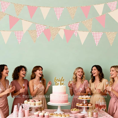 Dusty Rose Pink Buffalo Plaid Champagne Gold Party Decorations Pennant Banner - Image 8