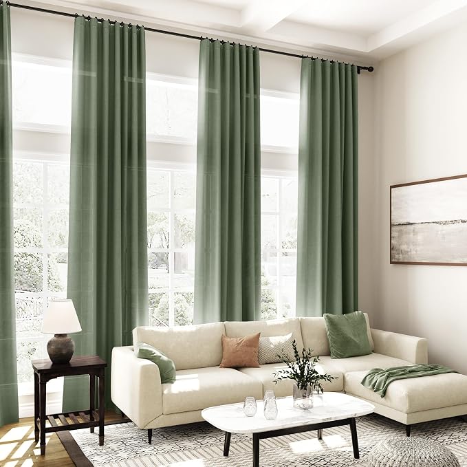 Olive Green Boho Curtains for Bedroom Back Tab Rod Pocket Semi Sheer Linen - Image 7