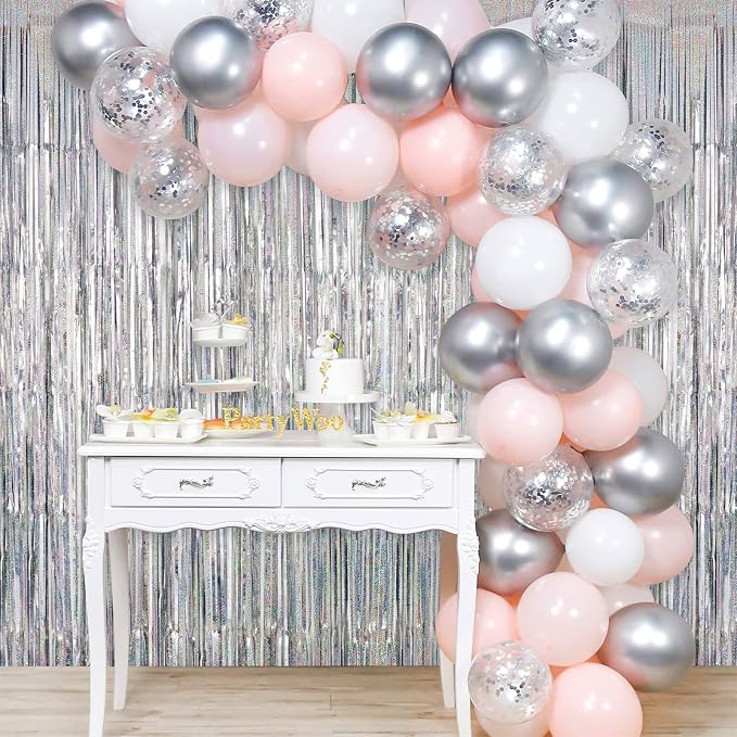 Silver Tinsel Foil Fringe Curtain Backdrop, 3.3 x 8.2 ft Metallic Glitter - Image 5