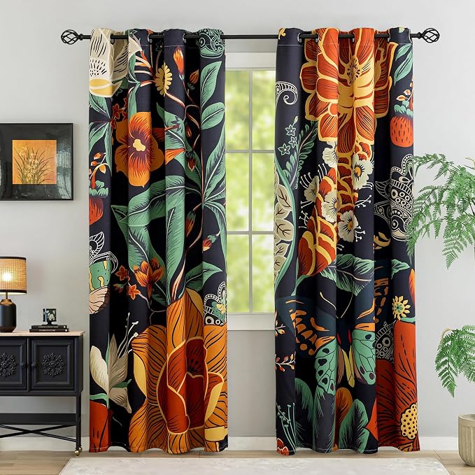 Tyrot Black Boho Floral 100% Blackout Curtains by TyrotHomeDecor