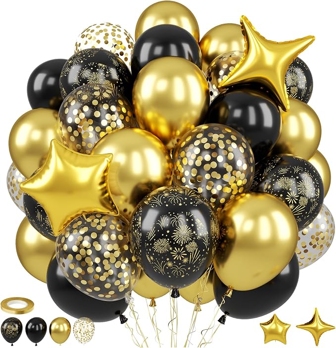 Black and Gold Balloons, Confetti Balloon 4 And 5 point Star Foil Balloon by Paready