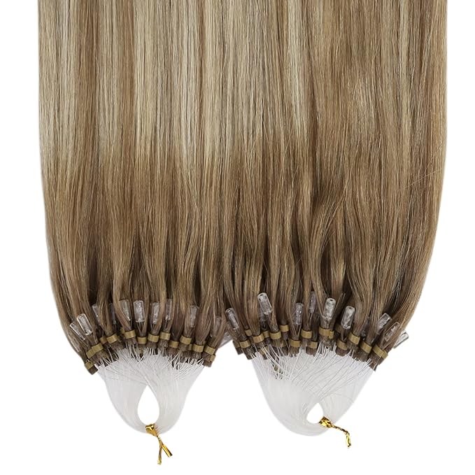 YoungSee Micro Bead Hair Extensions Real Human Hair Ombre Micro Loop Hair Extensions Real Human Hair Balayage Brown Micro-Ring Hair Extension Light Brown Balayage Blonde 16In 50s 50g