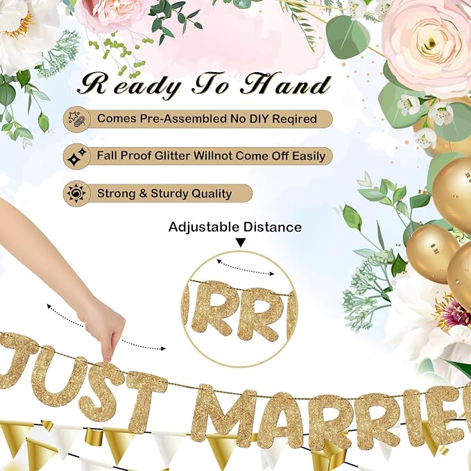 Pre Strung Just Married Banner Glitter Wedding Party Banner No DIY Just Married - Image 3