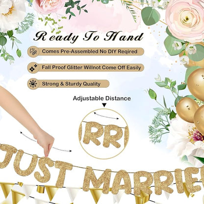 Pre Strung Just Married Banner Glitter Wedding Party Banner No DIY Just Married - Image 3