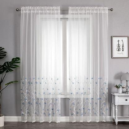 White Sheer Voile Curtains White Embossed Butterflies 84 Inches | Light - Image 2