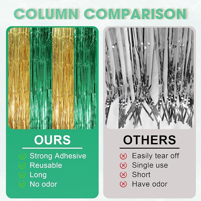 Voircoloria Green Gold Foil Fringe Backdrop Curtains, 2 Pack | Tinsel Streamers - Image 3