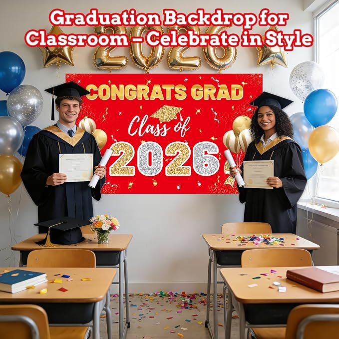 STARSIDE 2026 Graduation Backdrop 70.8x43.3 Inch Red Gold | Congrats Grad - Image 4