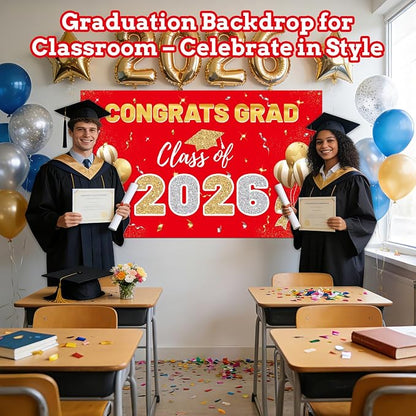STARSIDE 2026 Graduation Backdrop 70.8x43.3 Inch Red Gold | Congrats Grad - Image 4