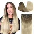GOO GOO Clip in Hair Extensions Real Human Hair, Remy Human Hair Extensions Clip ins for Women, Natural Human Hair, 16inch 120g 7Pcs, 9/60 Balayage Ash Brown to Platinum Blonde