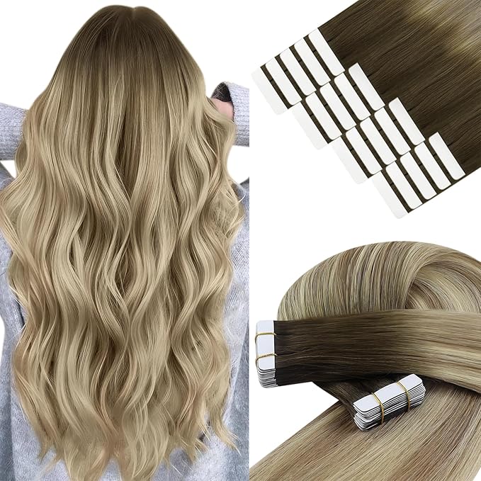 YoungSee Tape in Hair Extensions Real Human Hair Brown Balayage Tape in Hair Extensions Ombre Dark Brown to Medium Brown with Blonde Hair Extension Tape-in Real Human Hair for Women 18 Inch 20pcs 50g