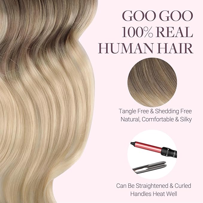 GOO GOO Tape in Hair Extensions Human Hair, 9/18J/60 Chocolate Brown to Champagne Blonde Balayage, 22inch 50g 20pcs, Skin Weft Seamless Invisible, Silky Straight with Thick Ends, Remy Human Hair