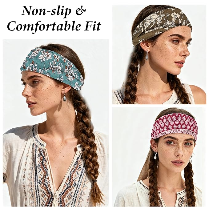 Boho Headbands for Women 6 Pack Non-Slip Fashion Elastic Hair Bands, Boho Head Bands Stretchy Soft Cloth Sweat Band, Workout Athletic Headbands for Yoga Running Gym Sports